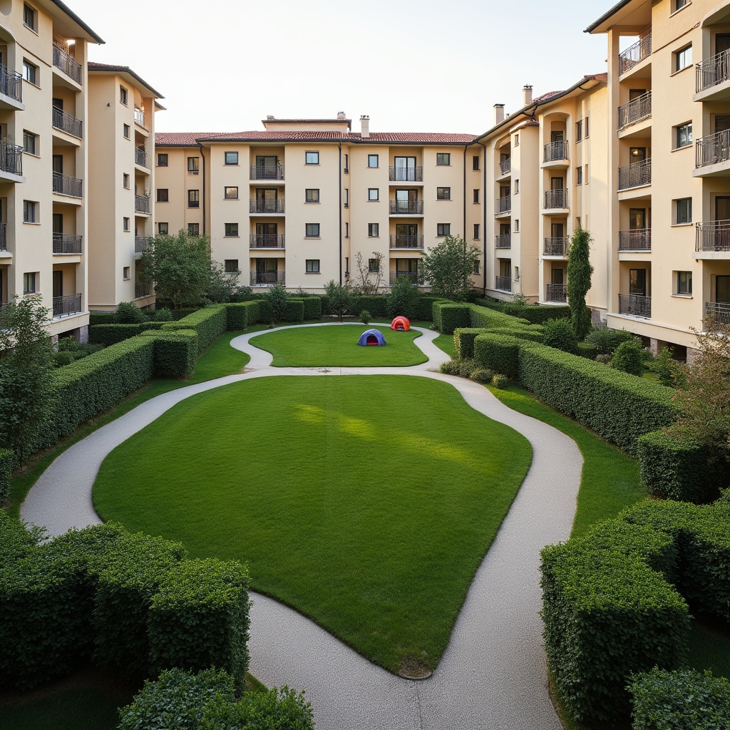Area verde condominiale con aiuole e percorsi pedonali