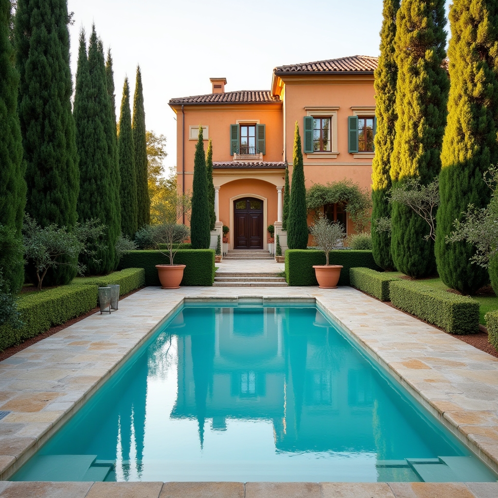 Giardino di villa privata con piscina e siepi ornamentali