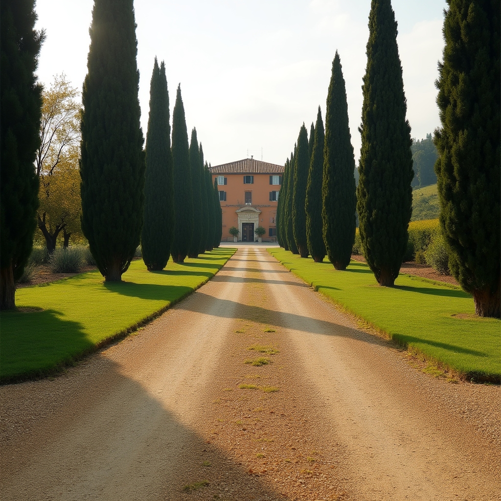 Parco di una villa toscana con cipressi e vialetto ghiaioso